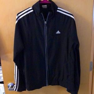 Adidas lightweight jacket black w/ white stripes on arms. Size Large .Great cond